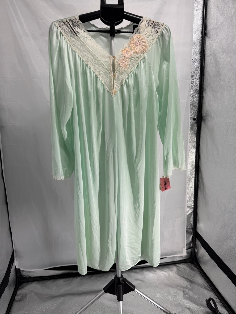 Vintage 70s Shadowline Aqua Mint Lace Robe Nightgown Size Large Sheer Dressing